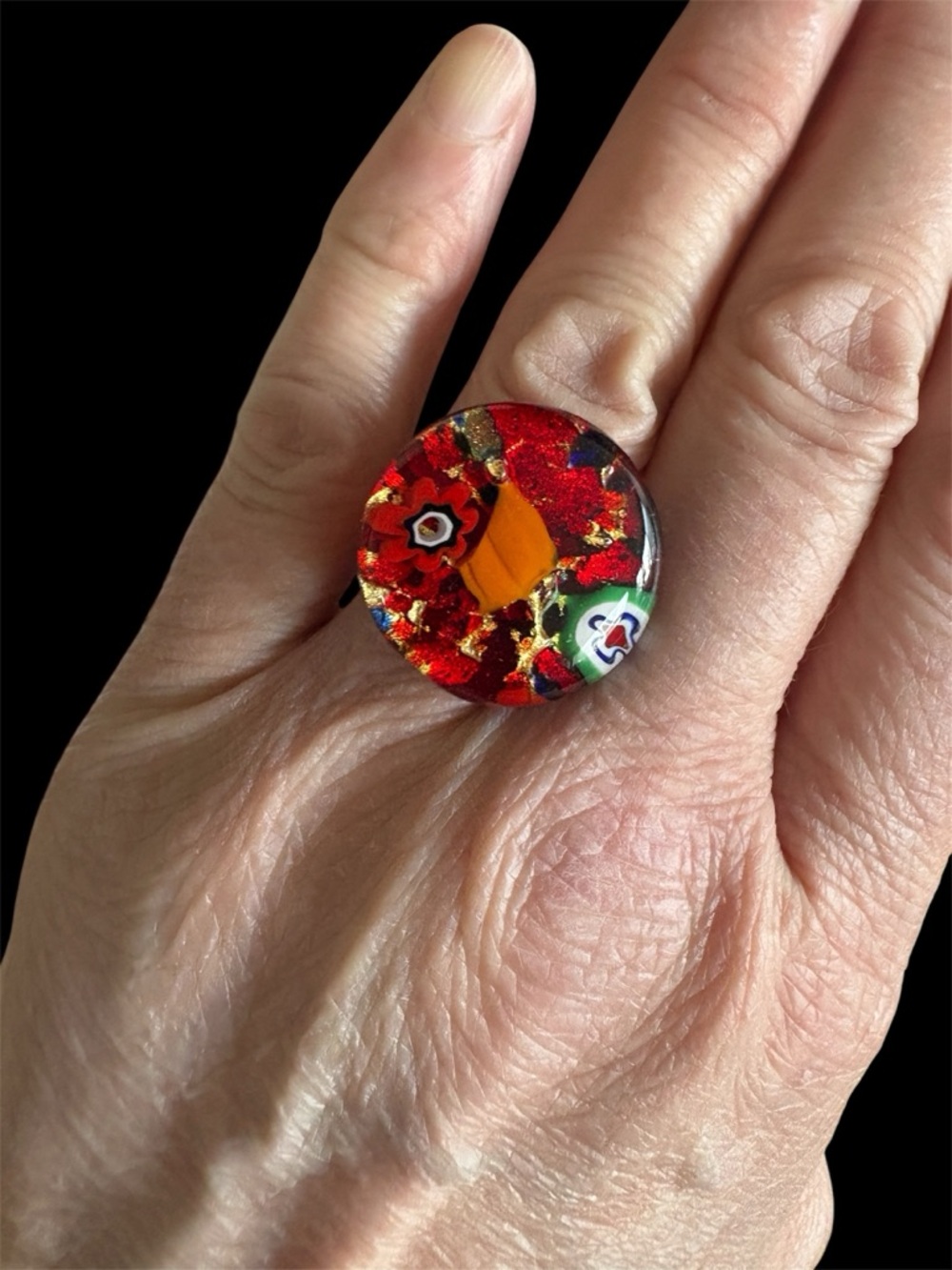 🇮🇹 ARTISAN Murano Red Millefiori Glass Round Ring, Sz 6.5-7.5